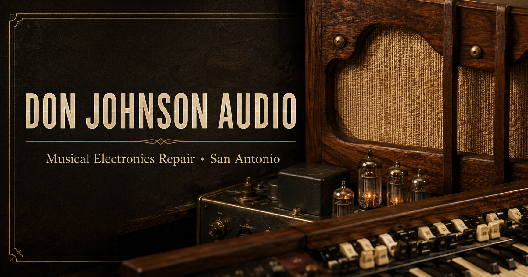 Vintage walnut musical electronics, organ controls, and glowing tubes